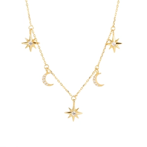 925 silver gold star and moon necklace with crystal pendants on a white background