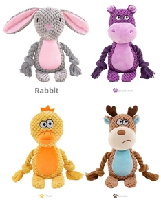 Plush pet toys in rabbit hippo duck and elk styles with durable cotton rope limbs