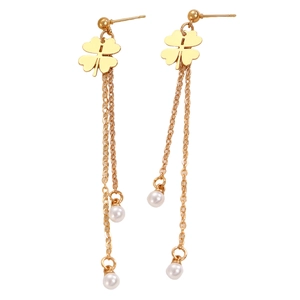Elegant gold clover earrings with long tassels and white pearls on white background