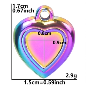 Rainbow heart pendant detail showing dimensions of 1.7cm height and 2.9g weight