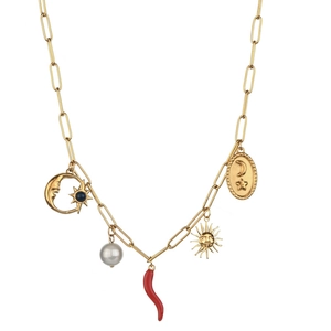 Detail of paperclip chain necklace with celestial charms moon star and sun pendants