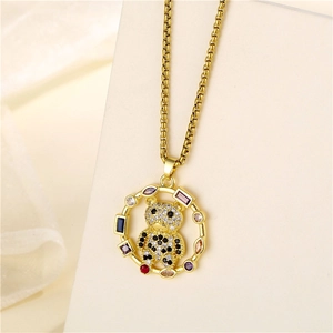 Cute Bear Round Pendant Necklace Colorful Zircon Micro Set Stainless Steel Box Chain For Women Sweet Jewelry