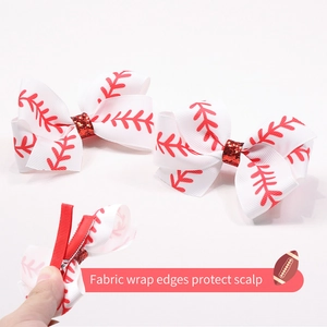 Baseball pattern white bow hair clips with red glitter ribbon and fabric wrapped edges