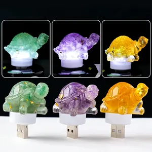 Turtle Shape USB Night Light With Natural Crystal Gravel And Gold Foil Resin Desktop Decor Atmosphere Lamp