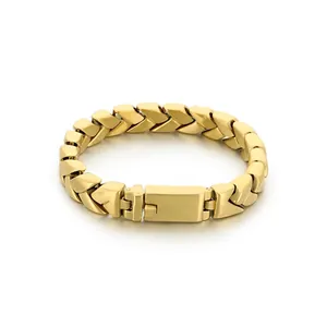 Detailed view of 11mm wide gold interlaced Cuban chain bracelet made of stainless steel