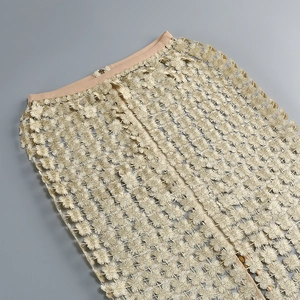Detailed close-up of champagne lace skirt featuring intricate floral embroidery and mesh