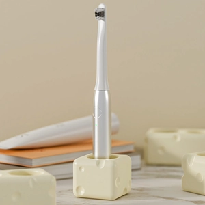 Close-up of champagne silver electric toothbrush set with creative cheese-shaped base stand