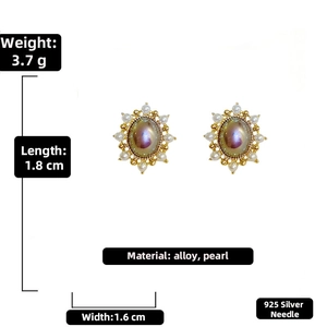 Detailed size chart for vintage oval faux pearl earrings with purple stones and silver pins