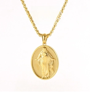 Detail of 18k gold plated 3D relief Jesus pendant on a box chain stainless steel necklace