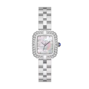 Montre Quartz Femme Luxe Lunette Carrée Strass Cadran Nacre Bracelet Métallique Étanche Élégante