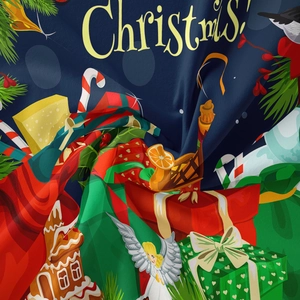 Detail of Christmas tapestry fabric showing gingerbread houses and holiday patterns