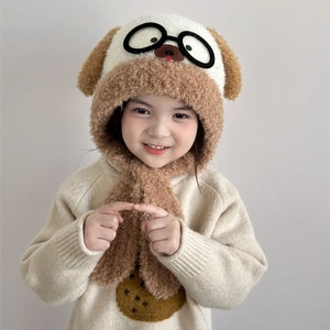 Kids plush bear hooded scarf with cute 3D ears and glasses embroidery in beige and camel