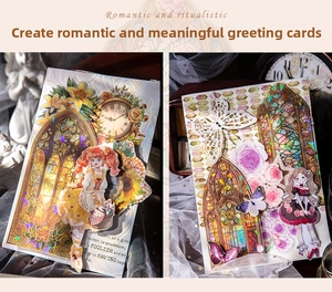 Detail of vintage stained glass PET stickers with holographic effects for journaling