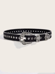 Detail of vintage silver floral buckle and star rivets on black glitter belt strap