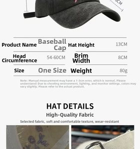 Detailed size chart for the washed cotton baseball cap with 8cm brim and adjustable strap