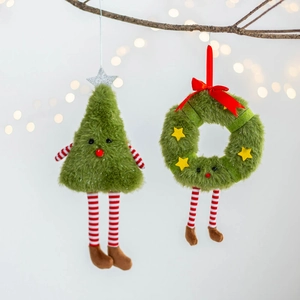 Detail of plush Christmas tree and wreath ornaments with striped long legs and soft fur