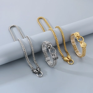 Men's Lion Head Jewelry Necklace And Bracelet Stainless Steel Hip Hop Keel Chain Biker Accessory