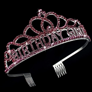 Pink rhinestone Birthday Girl tiara with hair combs for princess party celebration