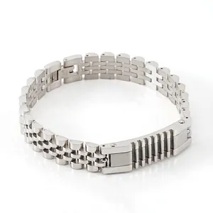 Polished silver stainless steel watch band style link bracelet with fold-over clasp