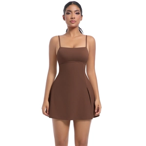Front view of chocolate brown tennis dress showing side slit and fine shoulder straps