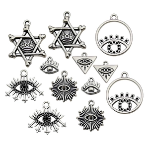 Set of 12 silver alloy evil eye and mystical hexagram pendants for jewelry making