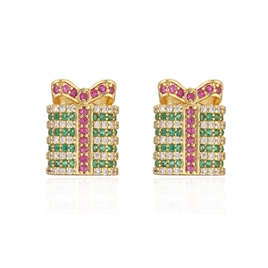 Bow gift box stud earrings with colorful zircons in gold plating for Christmas