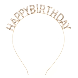 Detailed view of the sparkling rhinestone letters HAPPY BIRTHDAY on a gold metal headband