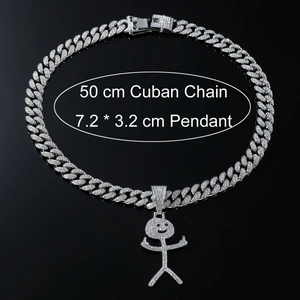 Close-up of 50cm Cuban chain and iced-out cartoon pendant with dimensions on black background