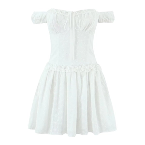 Women Mini Dress 100% Cotton Eyelet Embroidery Off-Shoulder Ruffle Sexy French Style A-Line Summer