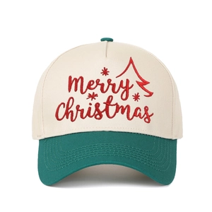 Beige and green 5-panel Christmas trucker hat with red Merry Christmas embroidery