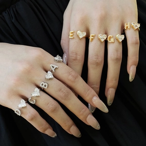 Adjustable S925 silver rings with heart zircon and initials in gold and silver finish