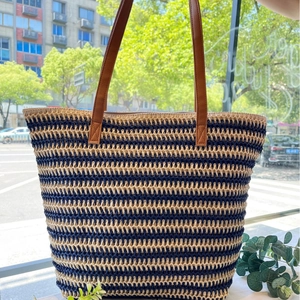 Woven Straw Tote Bag Large Capacity Striped Beach Shoulder Handbag With Zipper For Women Summer Casual Vacation Travel
