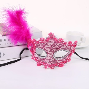 Rose red lace masquerade mask with feathers and sequins for party performance