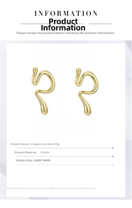 Detailed spec sheet for gold-finished copper ear cuffs with irregular wavy line design