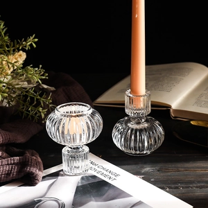 Minimalist ribbed glass lantern candle holders set for elegant romantic table decor