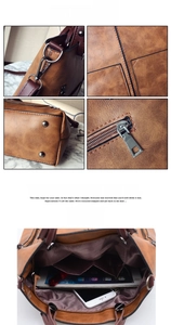Detailed view of brown PU leather bag showing interior pockets and gunmetal hardware