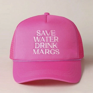 Detail of rose pink trucker hat with white SAVE WATER DRINK MARGS slogan embroidery
