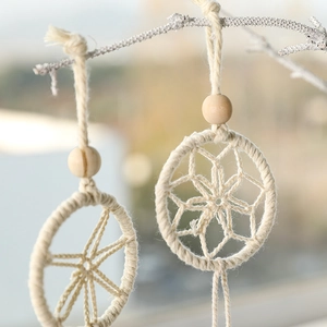 Bohemian style woven macrame ornaments with white cotton rope and wooden beads for car or home