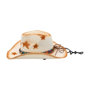Détail d'un chapeau de cowboy en paille avec étoiles brunes et perles colorées décoratives