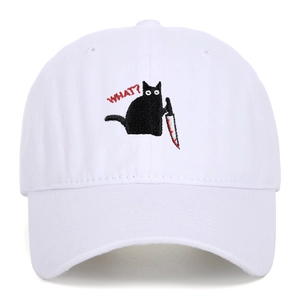 Vintage gewaschene weiße Baseballkappe mit lustiger schwarzer Katze und Stickerei