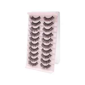Set of 10 pairs of thick, curly false eyelashes on a pink display stand for a natural look