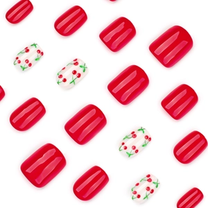Short square press-on nails with red glossy finish and cute hand-painted cherry designs