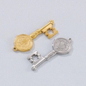 Retro Stainless Steel Key Pendant St Benedict Medal Religious Cross Pattern Double Sided DIY Jewelry Making Charm Accessory