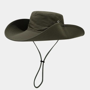 Detail of olive green wide brim sun hat with side snaps and adjustable chin strap