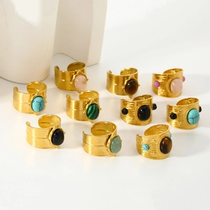French vintage 18k gold plated stainless steel open rings with natural stone variety