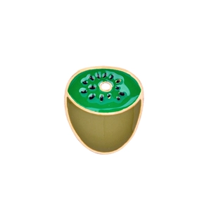 Macro shot of sliced kiwi enamel brooch featuring green pulp and golden metal edge