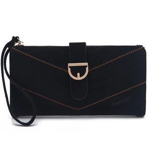Detail of black matte long wallet featuring V-shaped stitching and a metal D-buckle closure