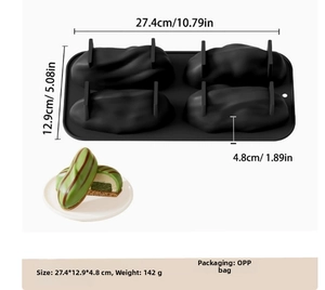 Detailed dimensions of 4-cavity silicone mold with a green mousse cake dessert example
