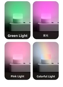 Macro detail of USB LED night light showing green, purple, pink and RGB color modes