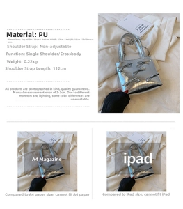 Silver PU tote bag detail with bow accents showing size dimensions and iPad comparison